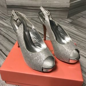 Silver sling back strap heels (worn once).
